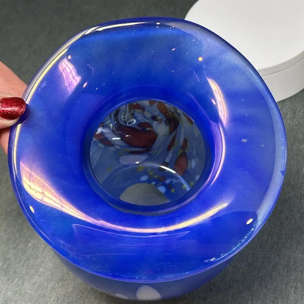 Von Poschinger Germany Blue Iridescent Art Glass Vase Confetti Flared Rim READ